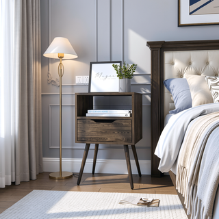 Sunvega Modern Dark Walnut Nightstand with Spacious Drawer and Open Shelf for Bedroom