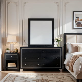 Sunvega Modern Black Nightstand with Two Drawers and Built-In AC USB Outlets