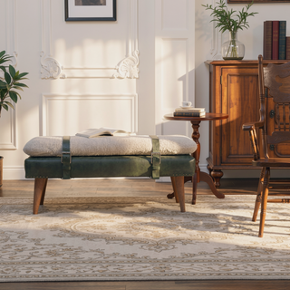Sunvega Olive Green Buffalo Hide Leather Bouclé Bench with Solid Wood Nordic Legs