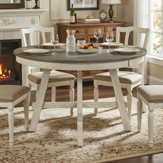 Sunvega Modern Farmhouse Round Dining Table with Greywash and Antique White Finish