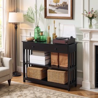 Sunvega Extra Wide Pull Out Drawer Console Table with Slatted Wood Frame Design