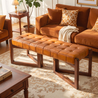 Sunvega Mid-Century Riley Tan Leather Bench with Solid Wood Frame and Tapered Legs