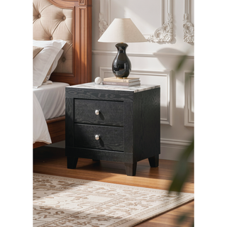 Sunvega Modern White Faux Marble Top Nightstand with Two Drawers in Black Finish