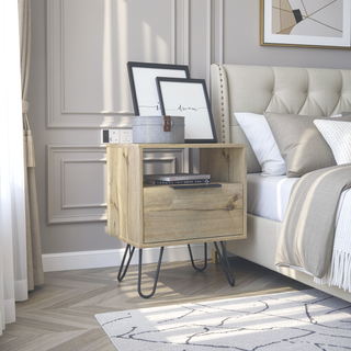 Sunvega Light Oak Nightstand with Hairpin Legs and Drawer for Bedroom or Living Room