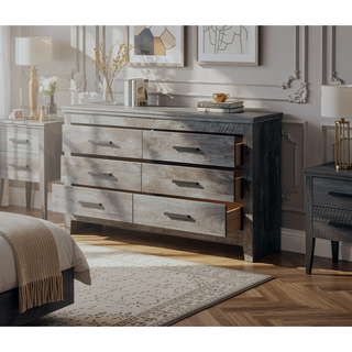 Sunvega Rustic Gray Oak Finish Six-Drawer Dresser with Manual Close Function