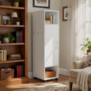Sunvega Freestanding Wardrobe with Mirror, Shelves, Hanging Rod and Casters for Bedroom