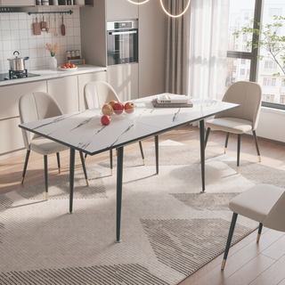 Sunvega Expandable MDF Square White Marble Dining Table with Black Metal Legs