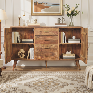 Sunvega Solid Mango Wood Nordic Chest with 4 Drawers and Storage Shelves