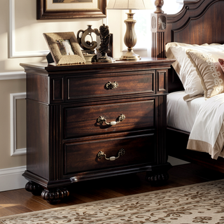Sunvega Traditional Dark Walnut Solid Wood Nightstand with 3 Drawers and Antique Brass Handles