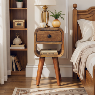 Sunvega Handcrafted Solid Mango Wood Oak-ish Curved Edge Bedside Table with Drawer