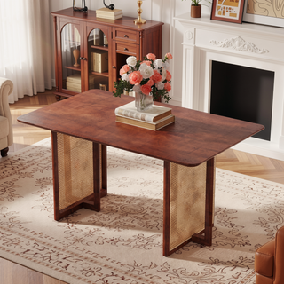 Sunvega Natural Solid Wood Dining Table with Imitation Rattan Legs for Dining Room