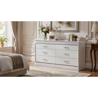 Sunvega Glam Modern White Wood Dresser with Crystal Accents and Integrated LED Lighting