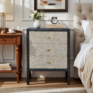 Sunvega Modern Ash Black Faux Leather Nightstand with Three Shiny Knobs