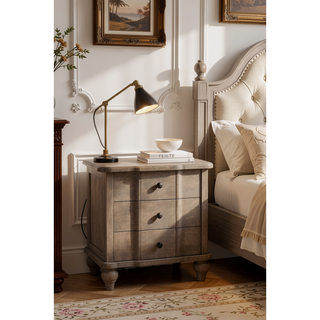 Sunvega Solid Wood Acid Wash Finish Grey 3-Drawer Curved Nightstand with Antique Brass Knobs