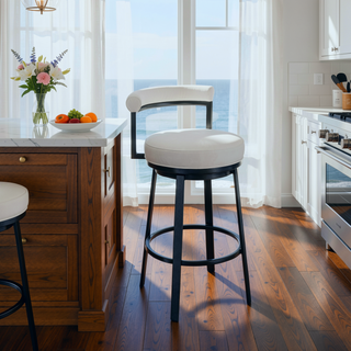 Sunvega Swivel Bar or Counter Stool with White Faux Leather Upholstery in Cloud Finish