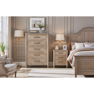 Sunvega Small Transitional Breakfront Dresser with Mindi Veneer and Sand Finish