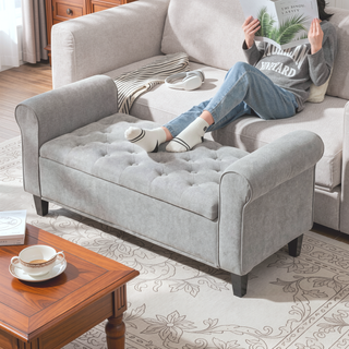 Sunvega Upholstered Tufted Storage Ottoman Bench with Rolled Arms for Bedroom