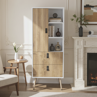 Sunvega Tall Dresser with Door, 2 Drawers, and Open Shelves for Storage