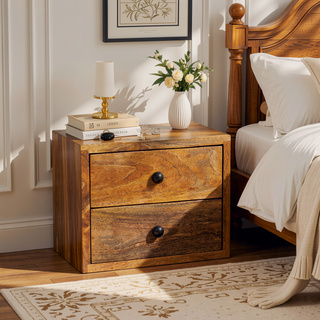 Sunvega Solid Mango Wood Wall Mounted Nightstand with Two Drawers and Oak-ish Finish