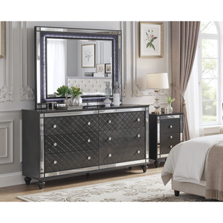 Sunvega Traditional Six-Drawer Dresser with Mirror Accents and Gray Finish