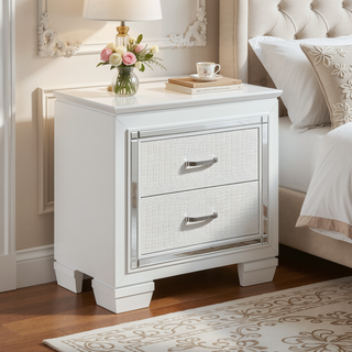 Sunvega Silver Faux Alligator Embossed Nightstand with 2 Dovetail Drawers and LED Lighting