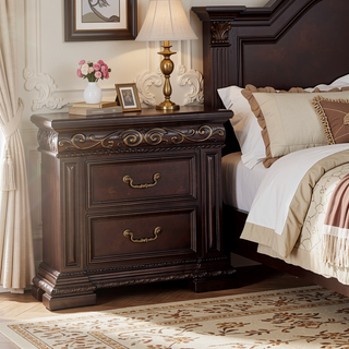Sunvega Traditional Dark Cherry Bedroom Nightstand with 2 Drawers and Solid Wood Carvings