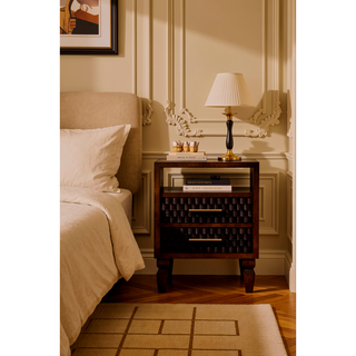 Sunvega Solid Mango Wood Arno Bedside Table with Carved Block Pattern and Drawers