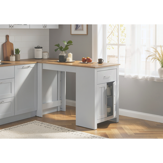 Sunvega 47 Inch Oak and White Small Space Counter Height Dining Table with Cabinet and Drawer Storage