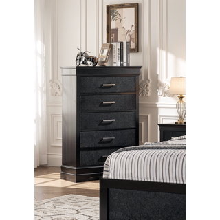 Sunvega Modern Black Crocodile Texture Solid Wood Five Drawer Tall Chest
