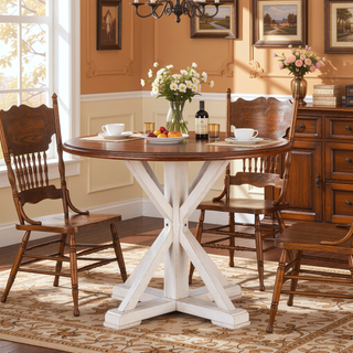 Sunvega Farmhouse Trestle Inspired Pedestal Dining Table with Two Tone Color