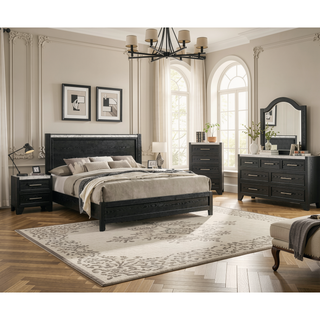 Sunvega Modern Nightstand with Faux Marble Top Two Drawers Black Finish