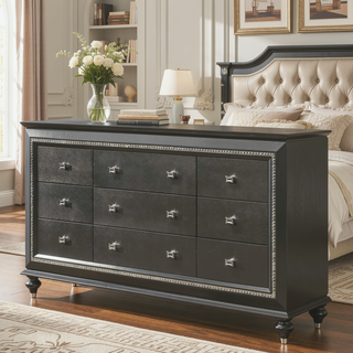 Sunvega Kaitlyn Metallic Gray Finish Wood Nightstand with Two Drawers and Crystal Trim