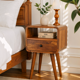Sunvega Mini Oak-ish Curve Nightstand with 1 Drawer and Open Slot