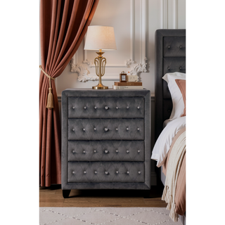 Sunvega Sophia Cream Velvet Upholstered Crystal Tufted 5-Drawer Chest for Bedroom
