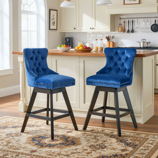 Sunvega Swivel Velvet Barstools with Button Tufted Back and Chrome Nailhead Trim