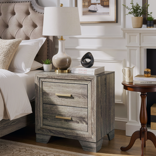 Sunvega Brown Oak Transitional Two-Drawer Nightstand with Metal Handles for Bedroom