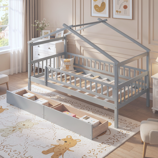 Sunvega Twin Size Wooden House Bed with Two Drawers and Headboard in White