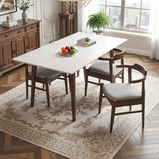 Sunvega Mid-Century Modern Solid Wood Rectangular Dining Table with Brown Stain Finish