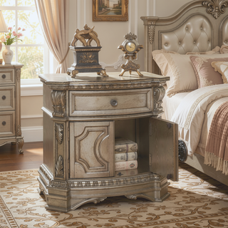 Sunvega Antique Champagne Finish Nightstand with Drawer and Cabinet for Bedroom