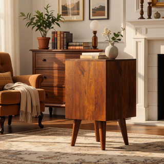 Sunvega Solid Mango Wood Mini Classic Oak-ish Nightstand with Two Drawers and Open Slot