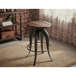 Sunvega Solid Wood Seat Top Metal Frame Round Stool with Smooth Crank Mechanism