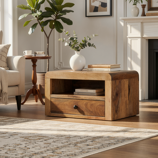Sunvega Chunky Oak-ish Floating Bedside Table with Drawer and Open Shelf