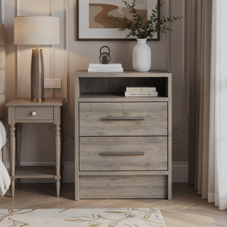 Sunvega Multifunctional Light Grey Nightstand with Drawers and Open Shelf