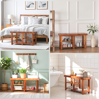 Sunvega Rustic Acacia Wood 3-Tier Slatted Shoe Rack Bench with Storage Shelves