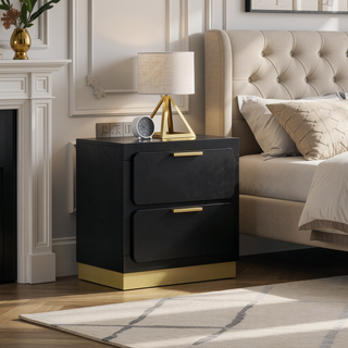 Sunvega Modern Black Nightstand with Two Drawers and Gold Accents