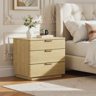 Sunvega Modern Oak Nightstand with 3 Drawers and Glam Metal Handles for Bedroom