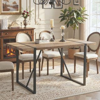 Sunvega Rustic Industrial Rectangular Wood Dining Table for 4-6 Person with Black Metal Legs