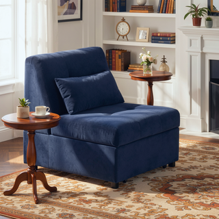 Sunvega Dark Blue Velvet Tufted Solid Wood Lift Top Storage Bench with Pull-out Ottoman