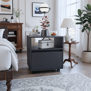 Sunvega White Nightstand with Drawer and Casters for Bedroom or Living Room
