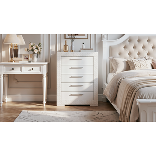 Sunvega White Quilted Texture Modern Five Drawer Chest with Red Lined Interiors